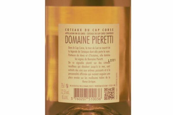Étiquette dorsal de la bouteille de vin blanc Domaine de Pieretti