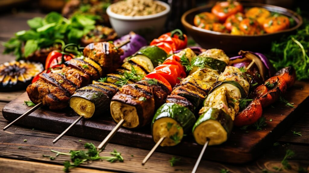Brochette de viandes et légumes.